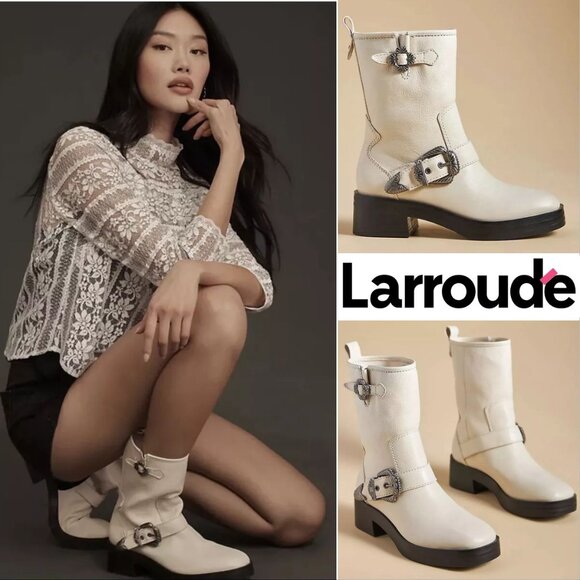 Larroude Hardy Buckle Moto Western Boots Size 8 Natural White Leather NEW $450